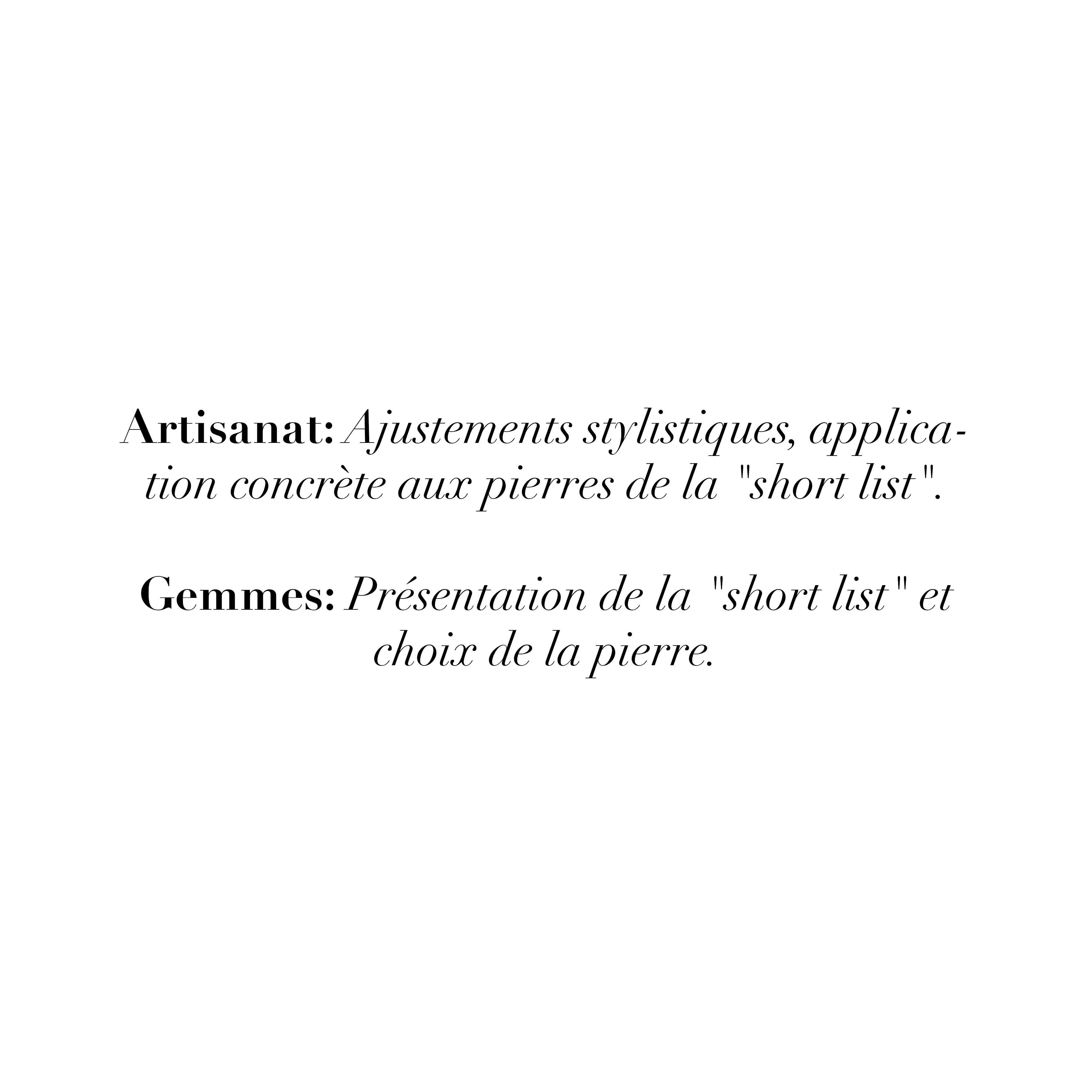 Artisanat: Ajustements stylistiques, 
application concrète aux pierres de la 
"short list".

Gemmes: Présentation de la "short list" et choix de la pierre.